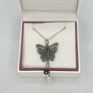 Pandora Retired Love Takes Flight Sterling Pearl Sapphire Butterfly Necklace